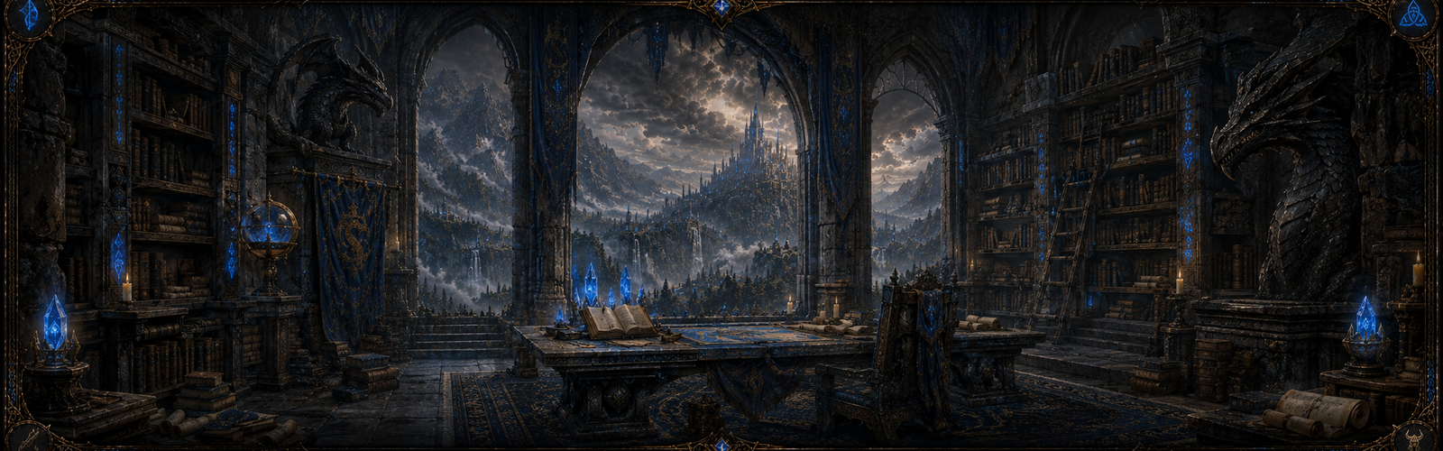 Account and support banner with an arcane library and service ledgers.
