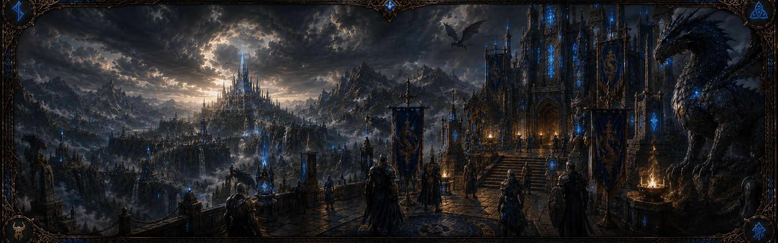 Community banner with citadel guardians representing guilds and forums.