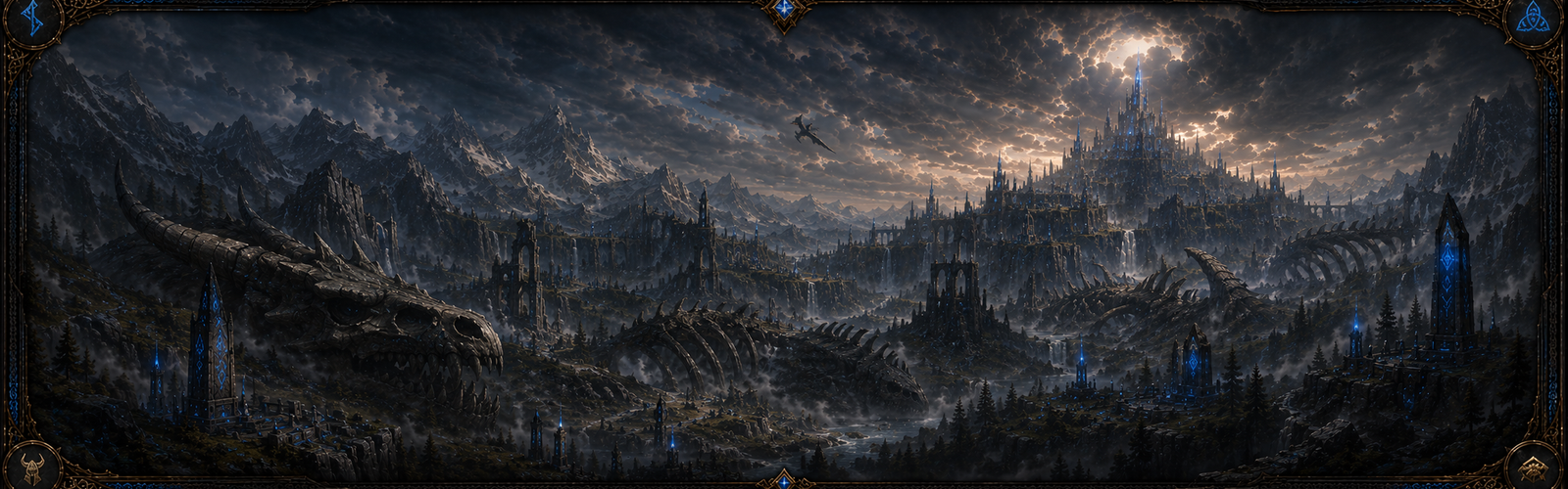 Dragon graveyard banner with ruined standards and ancient bones.