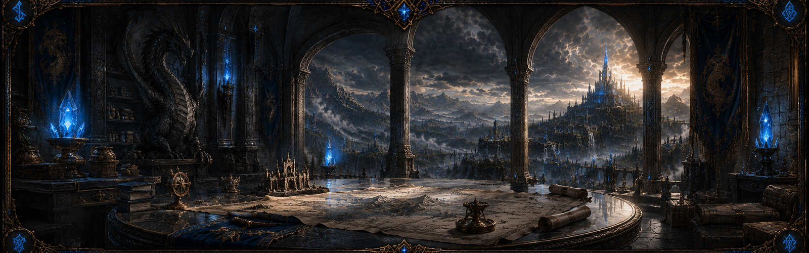 Command-room banner showing kingdoms, duchies, counties, and map markers.
