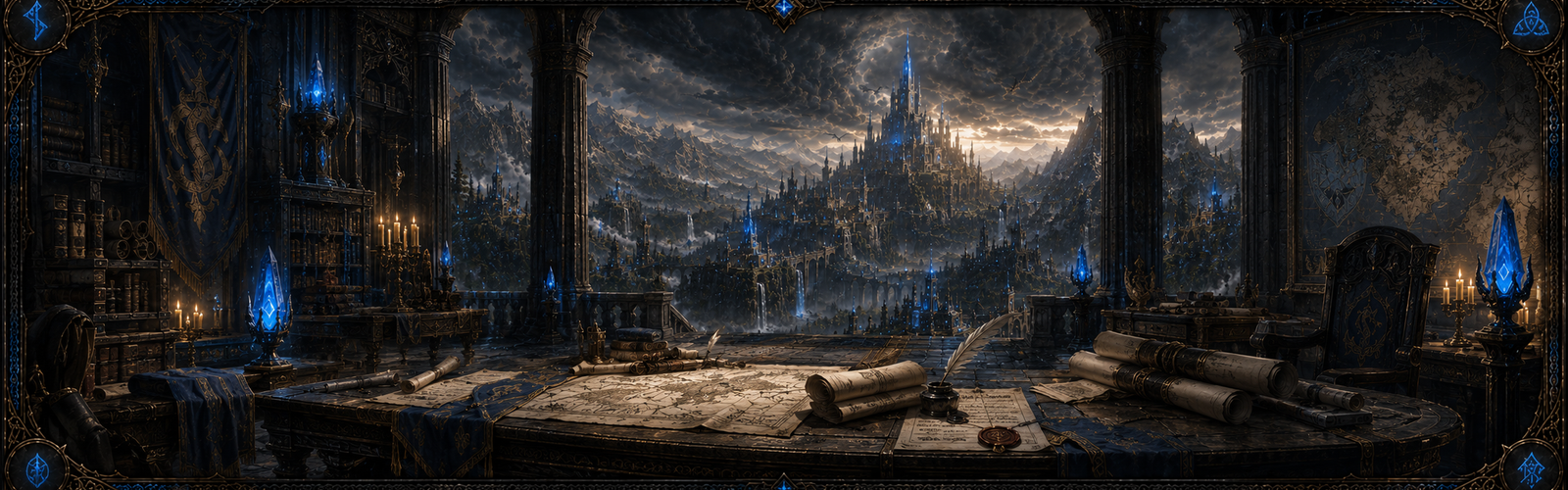 News and patch notes banner with a scholar writing by candlelight.