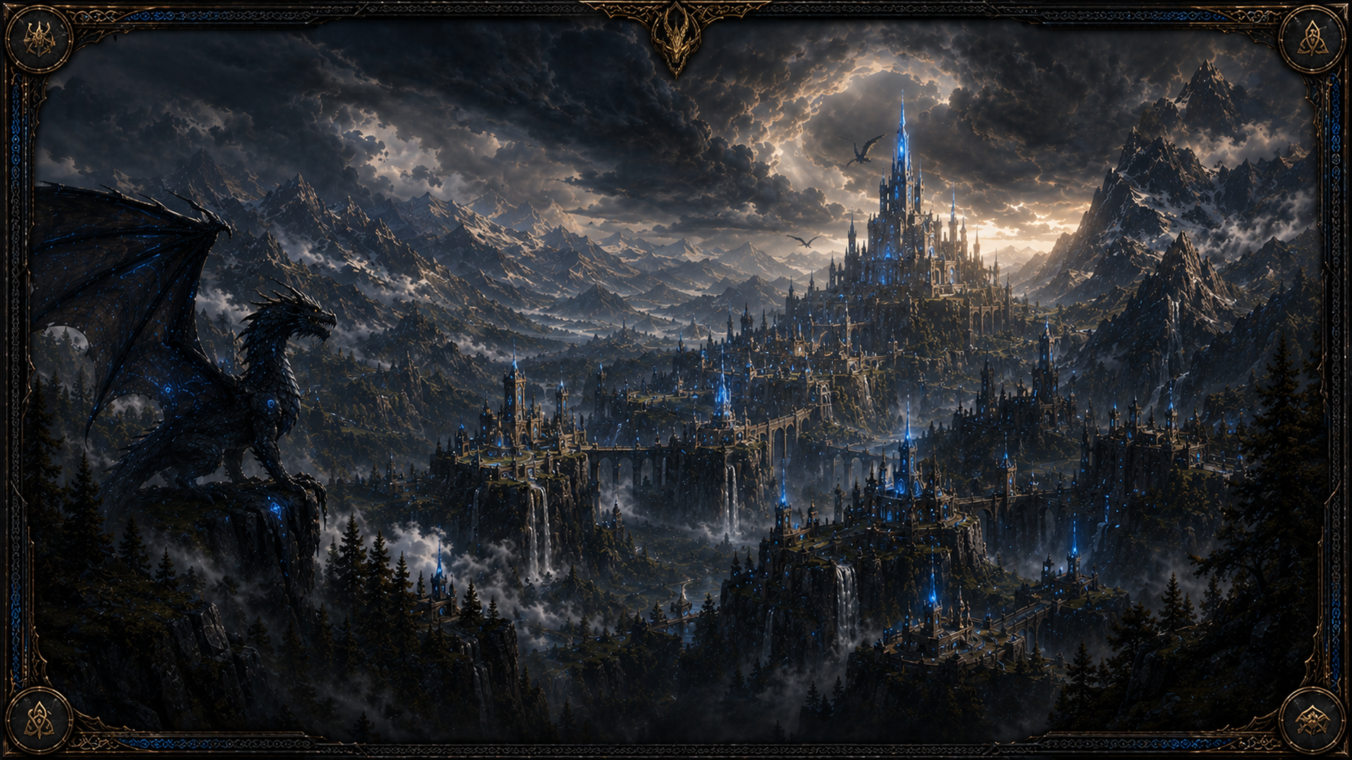 Cinematic view of Dragonheim with a ruined citadel and dangerous medieval skyline.